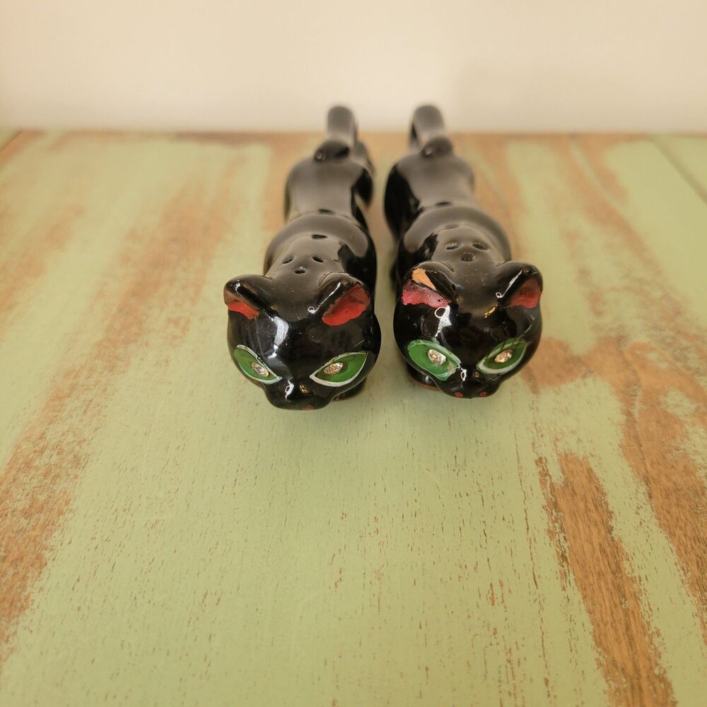 MCM Atomic Black Cat Salt & Pepper Shakers With Green Rhinestone Eyes See Descri